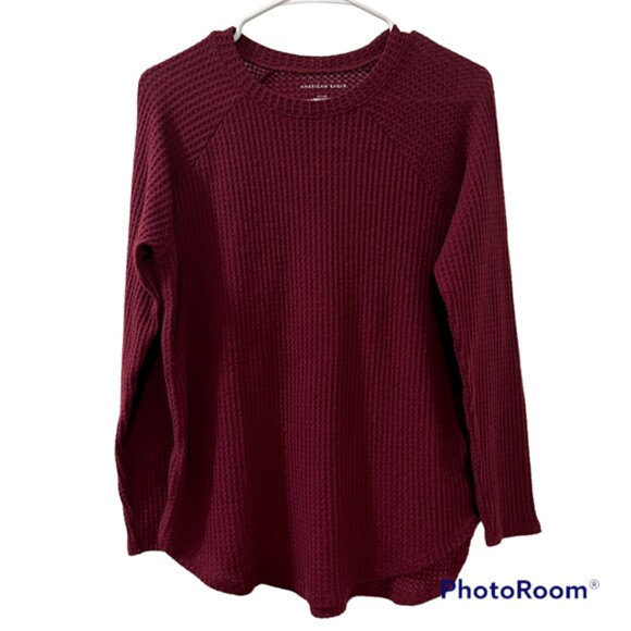 American Eagle Womens Burgundy Waffle Knit LS Shirt Thermal Sweater Size Small - Picture 1 of 8